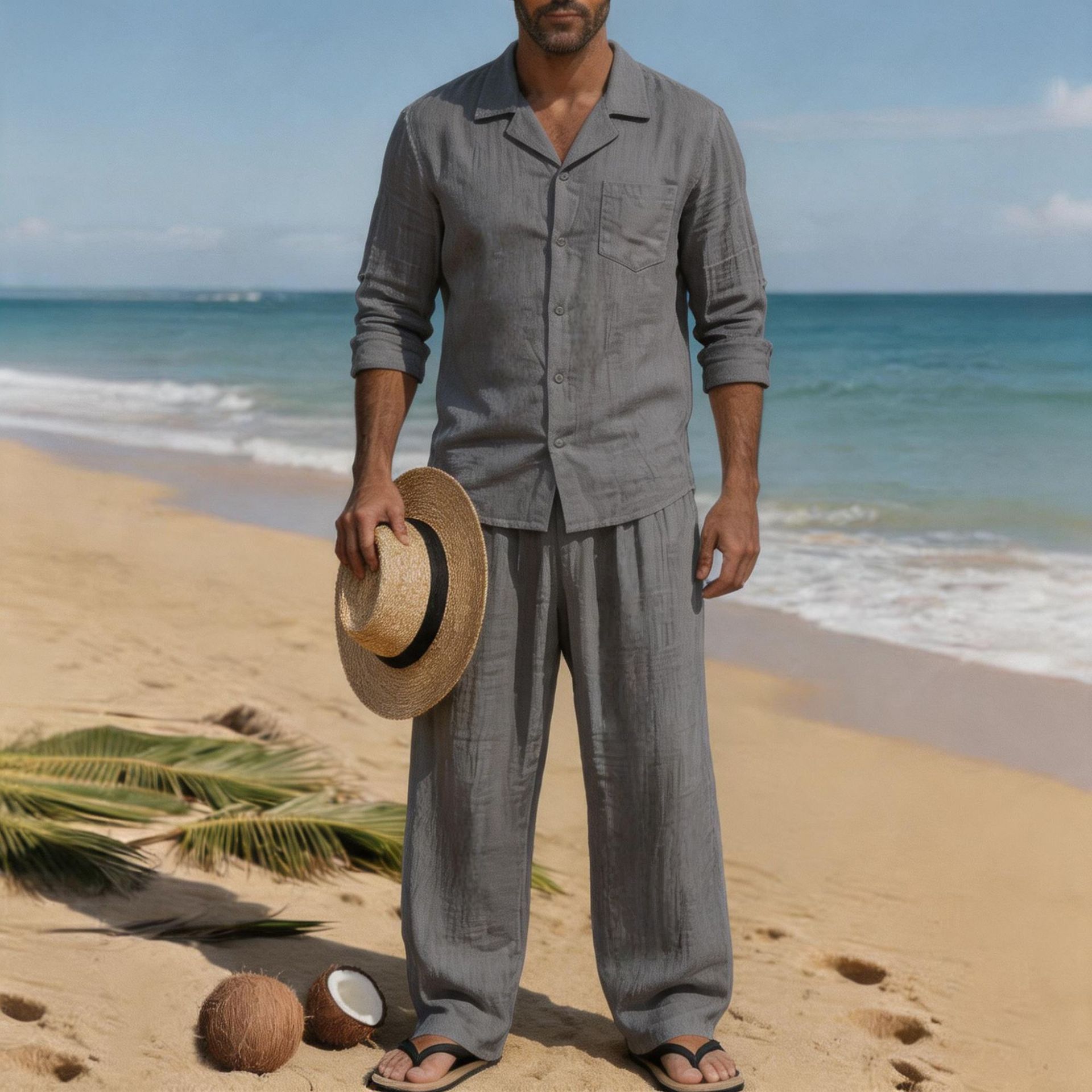 Setelan Pantai Pria Kasual Lon - Linen Shirt Breathable ulasan dan harga