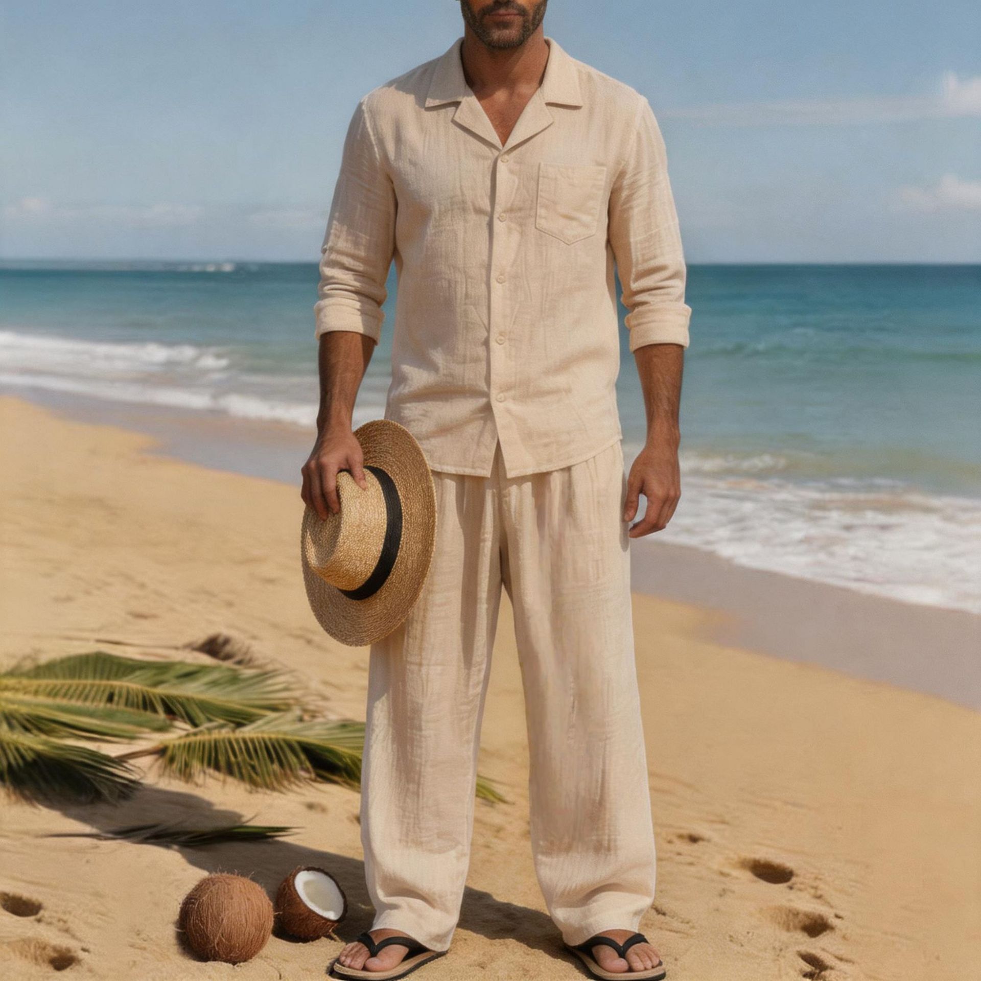 Setelan Pantai Pria Kasual Lon - Linen Shirt Breathable ulasan dan harga